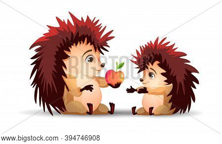 One Hedgehog Gives An Apple To The Second Hedgehog. Mom And Son. Vector Hedgehog. Cartoon Characters