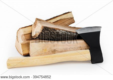 Firewood And An Axe On A White Isolated Background. Renewable Energy Resource. Ecological Concept.