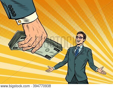 Businessman And Money. Financial Bonus. Lottery Or Winnings. Pop Art Retro Vector Illustration Kitsc