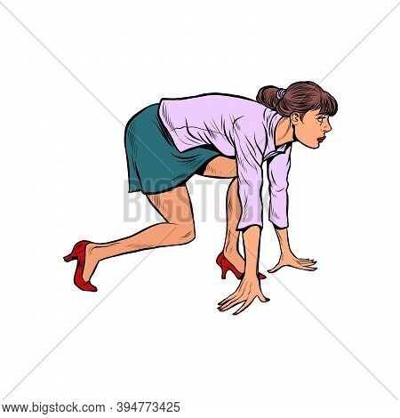 White Female Businesswoman At The Start. Pop Art Retro Illustration Kitsch Vintage 50s 60s Style