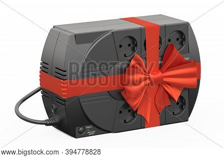 Uninterruptible Power Supply, Ups With Ribbon And Bow, Gift Concept. 3d Rendering Isolated On White 