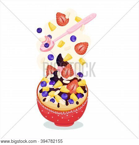 Smoothie Bowl Acai With Fruit Toppings. Healthy Breakfast. Berry Smoothie Bowl With Strawberry, Pine