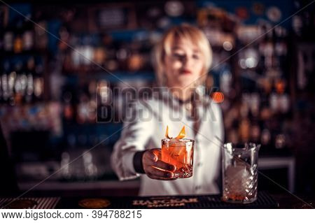 Girl Barman Makes A Cocktail On The Public House