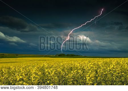 Stormy Sky And Lightning In The Fields