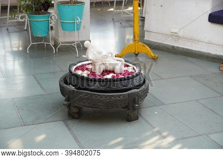 Marble Bowl With Water And Flowers. A Marble Miniature Elephant Is Placed In Middle. Mld
