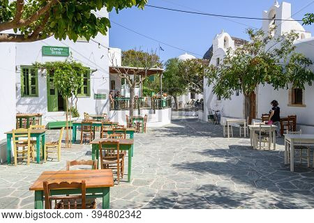 Folegandros, Greece - September 23, 2020: Small Square With Church And Restaurants In Chora On Foleg