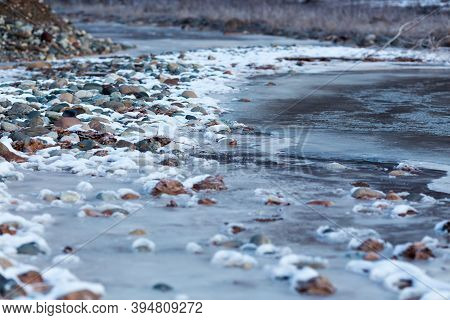 Beautiful Ice River At Caucasus Mountains Close Up View.
