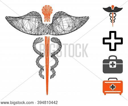 Vector Network Caduceus. Geometric Wire Frame 2d Network Made From Caduceus Icon, Designed From Inte