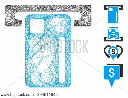 Vector Network Atm Machine. Geometric Hatched Carcass 2d Net Generated With Atm Machine Icon, Design