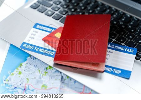 Online Ordering, Buying Tickets In Laptop For Flight To Nowhere. Special Travel, Round Trip During C