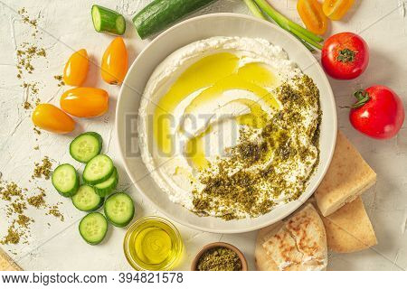 Popular Middle Eastern Appetizer Labneh Or Labaneh, Soft White Goat Milk Cheese With Olive Oil, Hyss