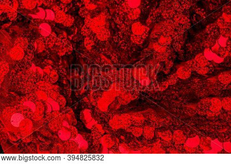 Red Sequins Pattern. Sparkling Sequins Background. Red Sequin Fabric For Background. Rectangular Red