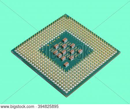 Photo Of A Cpu Chip Isolated Against The Background Of Aqua Menthol. Microprocessor, Central Process