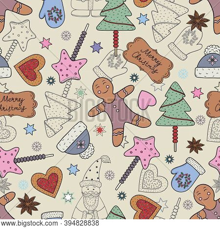 Vector Holiday Seamless Pattern With Hot Drinks, Cakes, Funny Gingerman And Candies. Outline Graphic