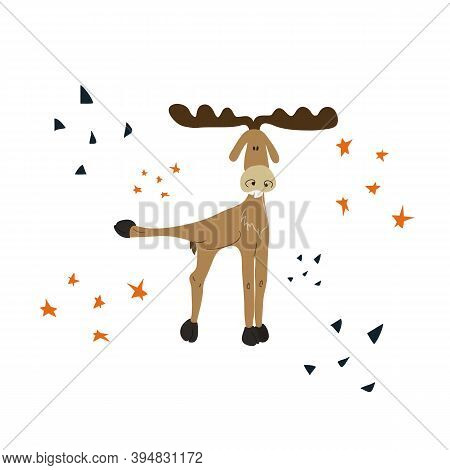 Funny Deer In A Cheerful Pose. Hand Drawn Adorable Deer With A Raised Paw. Cute Animal Push Somethin