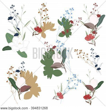 Hand Drawn Flower Collection. Various Flowers From Fields And Meadows In Bouquets. Big Botanical Set
