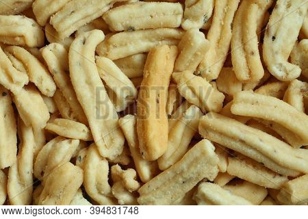 Ganthiya (fried Spicy Chickpea Flour Sticks). View From Above On Sticks Pile. Closeup
