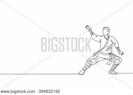 Single Continuous Line Drawing Young Muscular Shaolin Monk Man Train Martial Art At Shaolin Temple. 