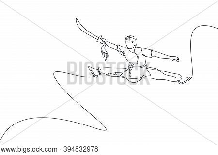 One Single Line Drawing Of Young Man On Kimono Exercise Wushu And Kung Fu Jumping Technique With Swo