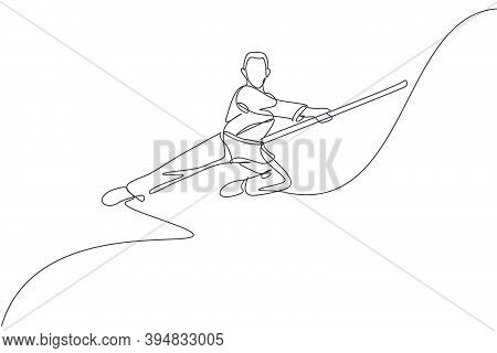 One Continuous Line Drawing Of Wushu Master Man Jumping, Kung Fu Warrior In Kimono With Long Staff O