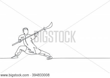 One Single Line Drawing Of Young Man On Kimono Exercise Wushu Martial Art, Kung Fu Technique With Sp