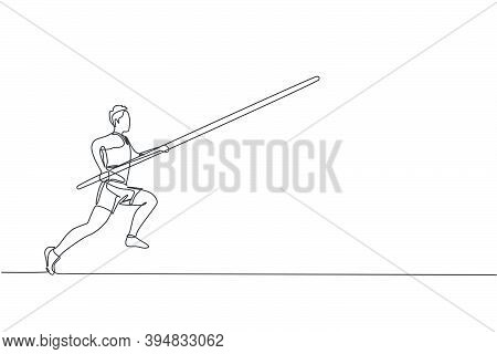 One Continuous Line Drawing Of Young Sporty Man Practicing Pole Vault Jump In The Field. Healthy Ath