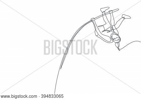 Single Continuous Line Drawing Of Young Sportive Woman Training Pole Vault Jump In The Field. Health