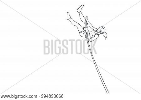 One Single Line Drawing Of Young Energetic Woman Exercise Pole Vault Jump Through The Bar Vector Ill