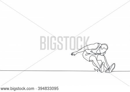 One Continuous Line Drawing Of Young Sporty Man Practicing To Land On Sand Pool After Long Jump. Hea