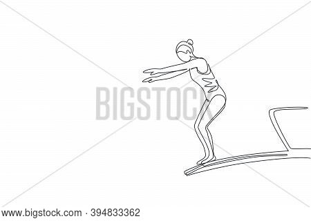 One Continuous Line Drawing Young Sporty Woman Standing At Diving Board Ready To Jump Into The Swimm