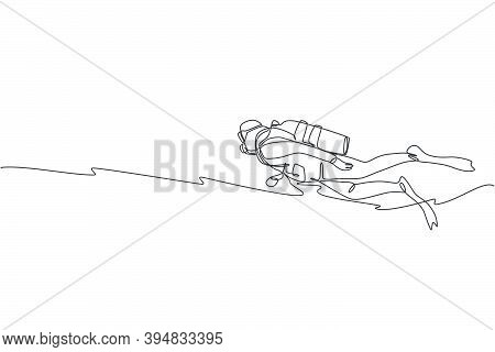 One Continuous Line Drawing Of Young Sporty Man Swimming Into Deep Sea To See Various Sea Fish And C