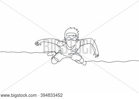 One Single Line Drawing Of Young Boy Practice Floating In Swimming Pool Wearing Goggle Glasses Graph