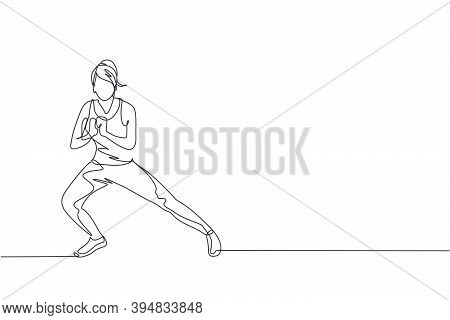 One Continuous Line Drawing Of Young Woman Training Doing Side Lunge In Fitness Training Gym. Health