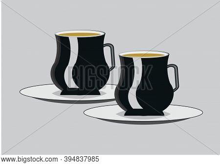 Illustration Of Black Color Tea Cups Filled With Tea Having Saucer.