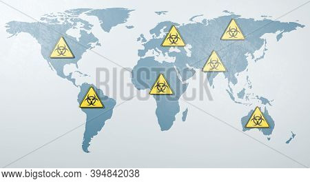 World Map With Many Pandemic Symbol Warning Triangle 3d Render Illustration, Global Pandemic Spred C