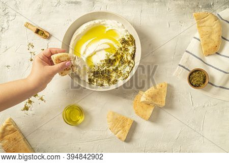 Popular Middle Eastern Appetizer Labneh Or Labaneh, Soft White Goat Milk Cheese With Olive Oil, Hyss