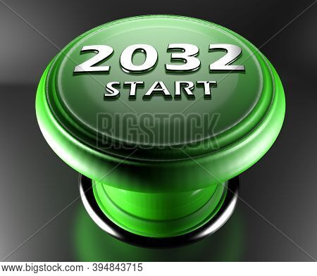 2032 Start Green Push Button On Black Background - 3d Rendering Illustration