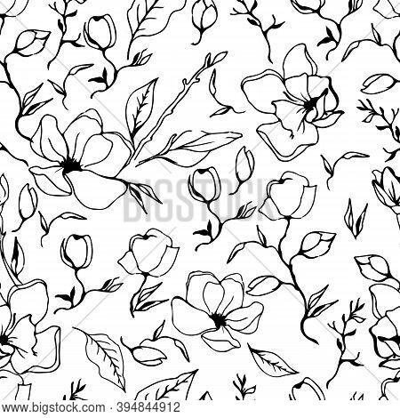 Outline Flowers Of Magnolia Seamless Pattern. Black Handwritten Magnolia Branches, Leaves. Stock Vec