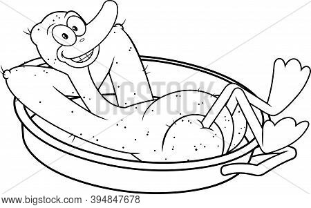 Outlined Lucky Duck Or Goose Cartoon Character In The Pan. Raster Illustration Isolated On White Bac