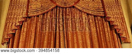Beautiful Luxury Gold Patterned Curtain Background With Pleated Draped Pelmet