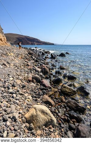 Santorini, Greece - September 16, 2020: Kambia Beach Located At The South West Coast Of Santorini, I