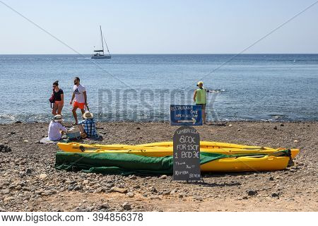 Santorini, Greece - September 16, 2020: Kambia Beach Located At The South West Coast Of Santorini, I