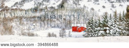 Fabulous Winter Scenery With Traditional Norwegian Wooden Houses And Pine Trees Near Valberg Village