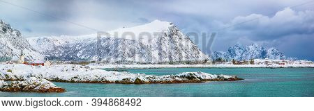 Fabulous Snowy Winter Scene Of  Valberg Village With Snowy  Mountain Peaks On Lofoten Islands.  Loca