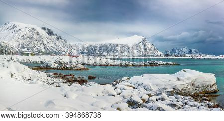 Fabulous Snowy Winter Scene Of  Valberg Village With Snowy  Mountain Peaks On Lofoten Islands.  Loca