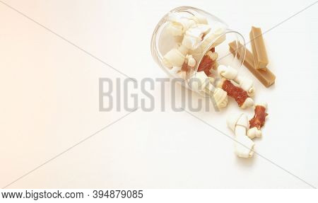 Variety Of Dog Treats. Dod Delicacy Food On White Background