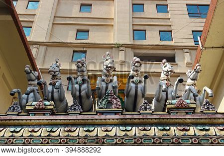 Colorful Statues Of Horses At Sri Maha Mariamman Temple In Chinatown In Kuala Lumpur City, Malaysia