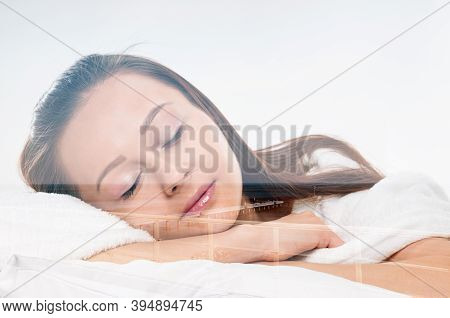 Sleeping Young Beauty Girl Witn Lightgray Background, Double Multiple Exposure Effect,combined Image