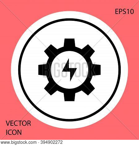 Black Gear And Lightning Icon Isolated On Red Background. Electric Power. Lightning Bolt Sign. White