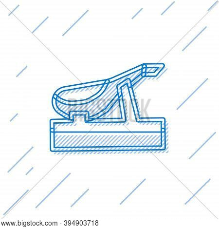 Blue Line Spanish Jamon On The Wooden Jamonera Icon Isolated On White Background. Vector